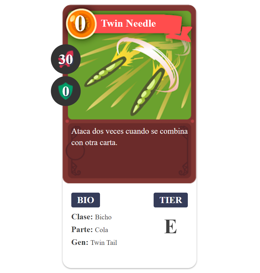 Twin Needle card Axie Infinity bug It is curious to talk about the Twin Needle card, because it is not one that stands out much for its passive, damage or shield. It's a somewhat basic add-on for any bug-type Axie, it won't make much of a difference. The Twin Needle card applies 30 points of damage to the enemy, but if we want to inflict good damage, we must resort to its passive. When used it will give us 0 shield, which is something that makes it positioned so low in the tier list positions. The card does not consume energy points, which is something that compensates for its low effectiveness, as we know that for this part of the body there are better options. Let's see how its passive works. The passive of this card indicates that, when combined with another card, it will attack twice. This opens up many combo possibilities for the card and cause some extra damage, they can be combos with other cards focused on targeting the DPS and reduce its HP as much as possible. But, if we use a combo like this, with another of these cards, the damage would be 120, which is a good damage. To have this card, it is necessary to have the Twin Tail gene among our dominants in the tail part. The card belongs to the bug class and is easily adaptable to other Axies. The card is in the E rank of the tier list, it has more negative conditions than positive ones. It is a card that depends on combos for the passive to have an effect, and it won't make much difference in the arena. An interesting combo you can do is to save as many of these for the last moments of your Axie's life. With this you can apply it several times with a 0 energy expenditure, it is positive to apply 120 damage without spending a single energy point.